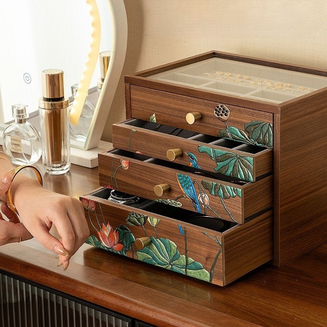 Wooden Jewelry Box with Drawers and Hand Painted Decoration SKU 21163