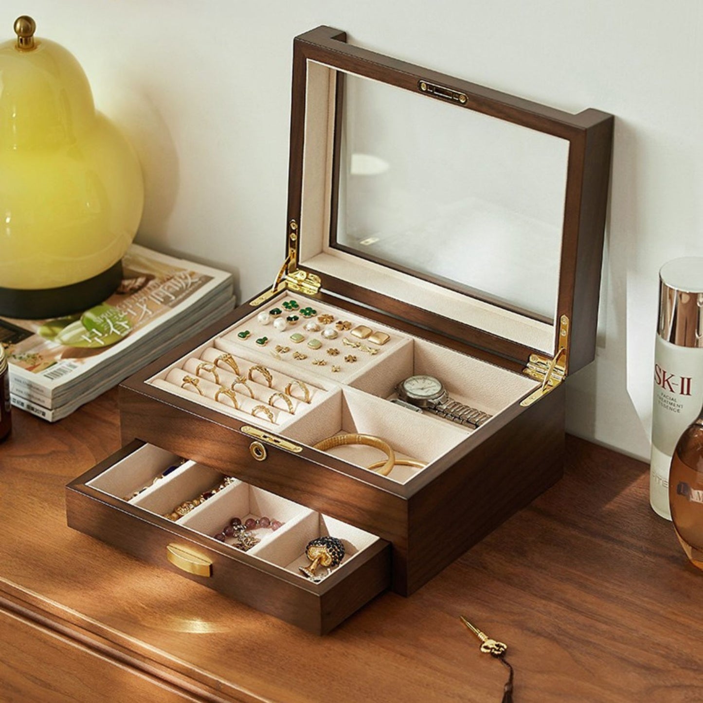 Lockable Wooden Jewelry Box with Clear Lid and Drawer SKU 21187