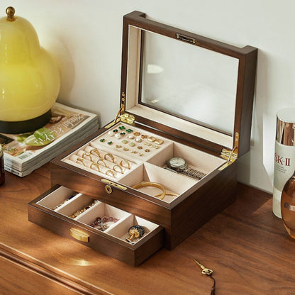 Lockable Wooden Jewelry Box with Clear Lid and Drawer SKU 21187