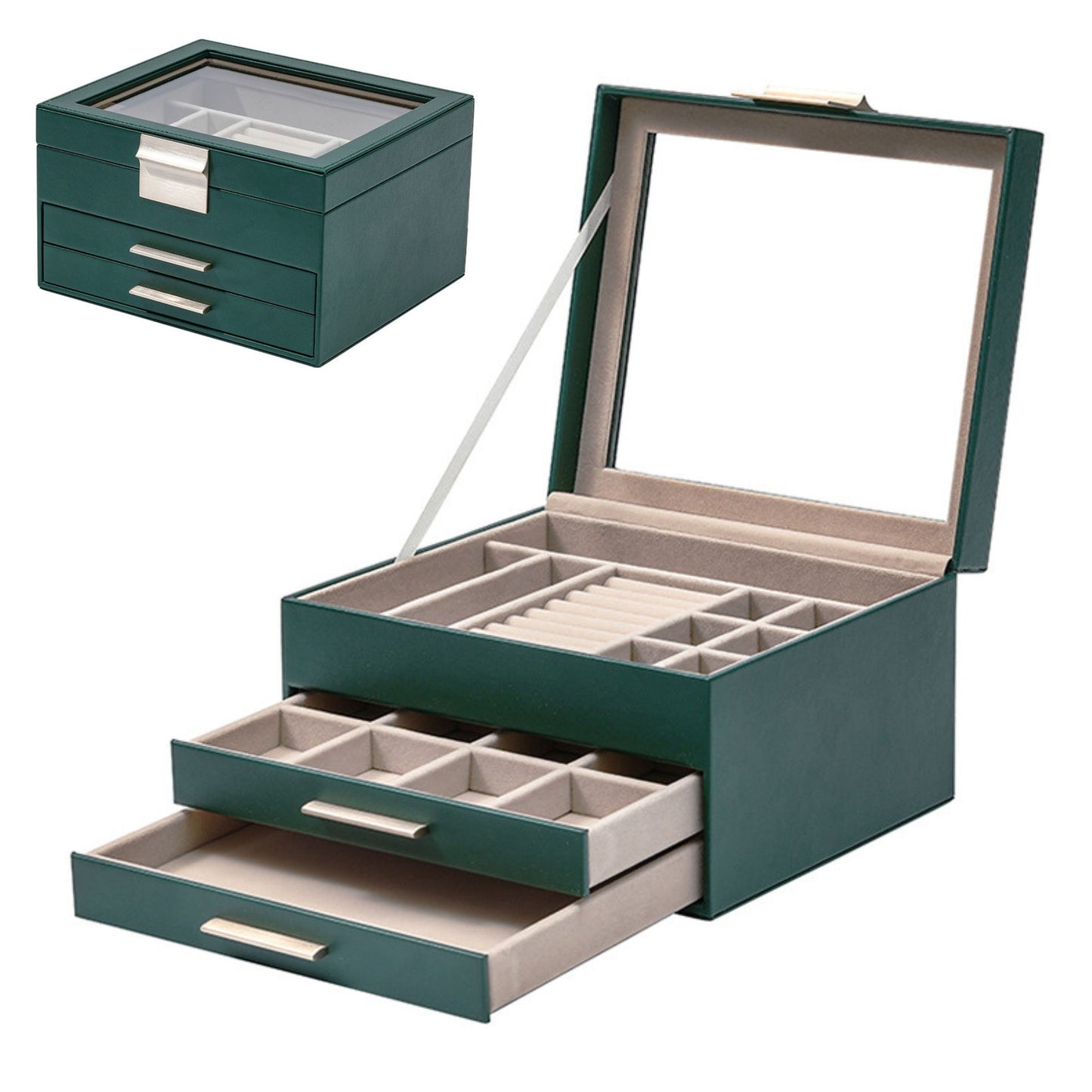 Leather Jewelry Box Organizer with Glass Lid and Drawers SKU 21103