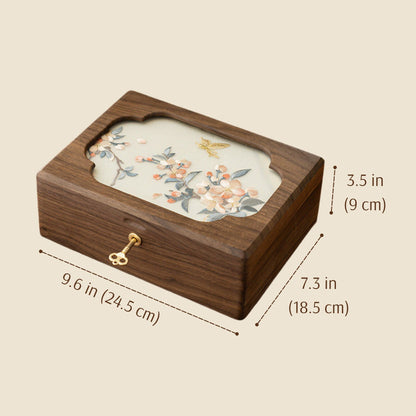 Solid Walnut Jewelry Box with Hand-Embroidered Silk Design SKU 21196