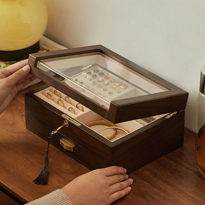 Lockable Wooden Jewelry Box with Clear Lid and Drawer SKU 21187