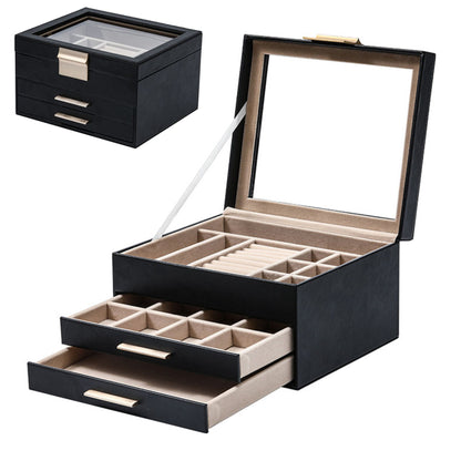 Leather Jewelry Box Organizer with Glass Lid and Drawers SKU 21103