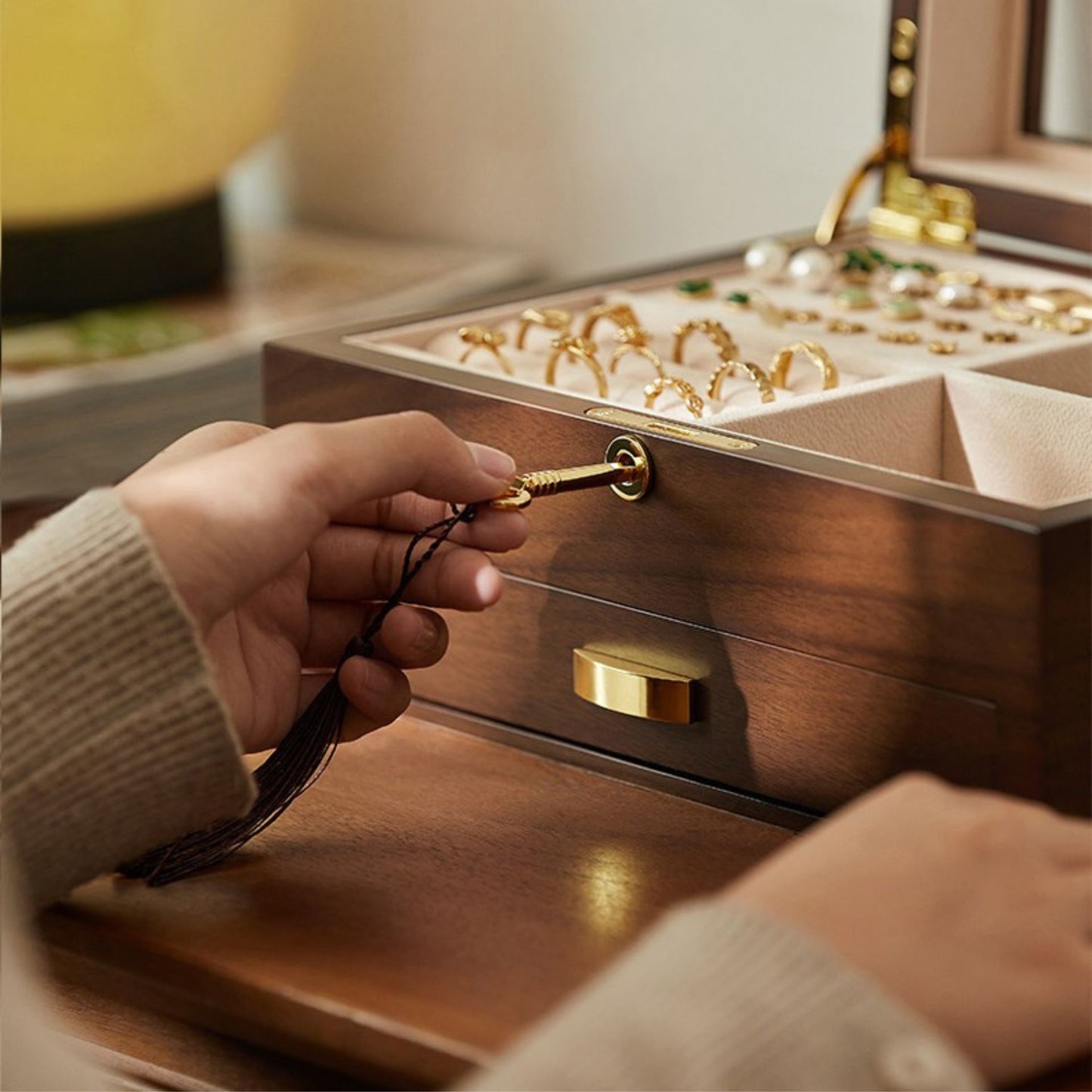 Lockable Wooden Jewelry Box with Clear Lid and Drawer SKU 21187