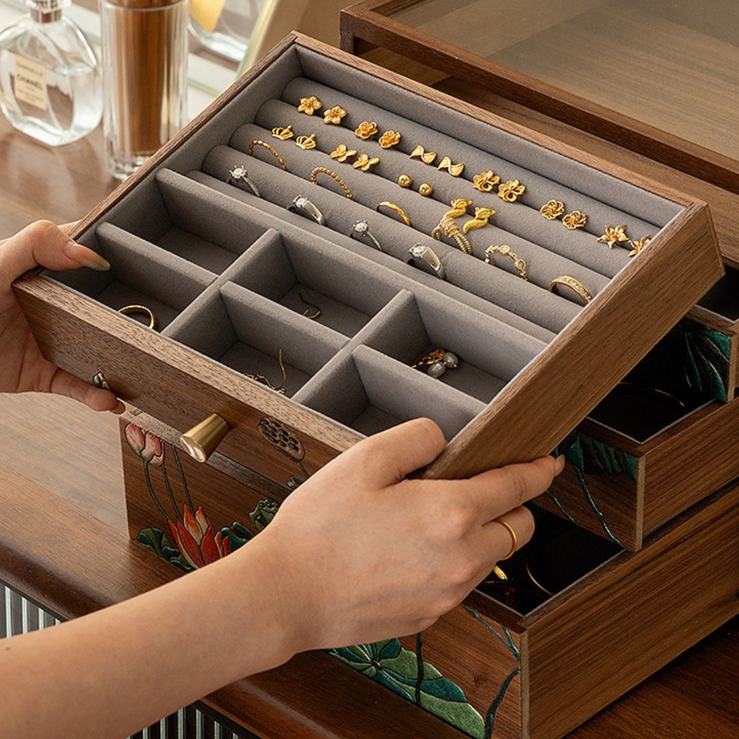 Wooden Jewelry Box with Drawers and Hand Painted Decoration SKU 21163