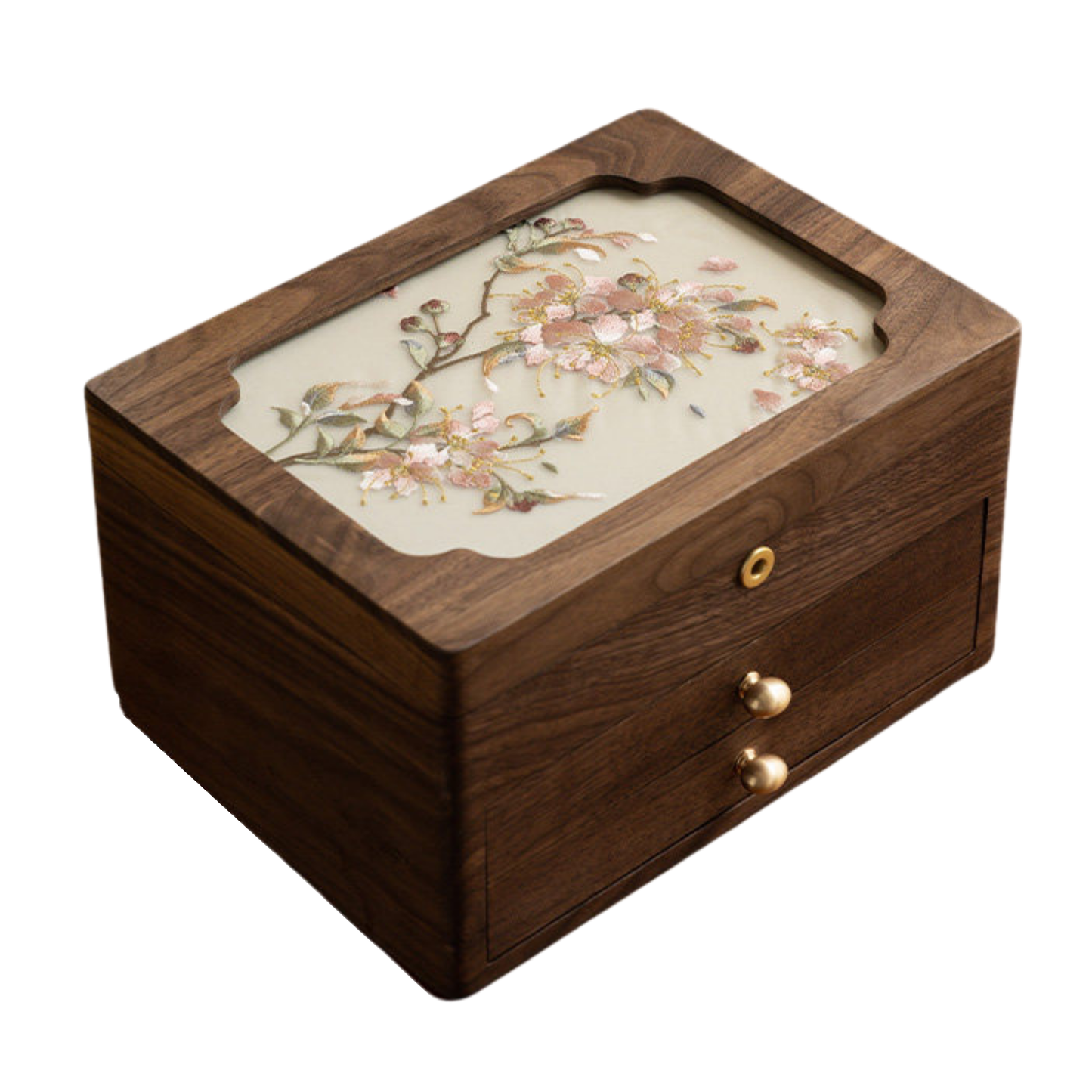 Solid Walnut Jewelry Box with Lock and Hand-Embroidered Design SKU 21197