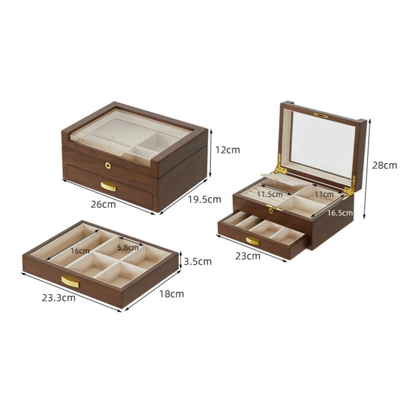 Lockable Wooden Jewelry Box with Clear Lid and Drawer SKU 21187