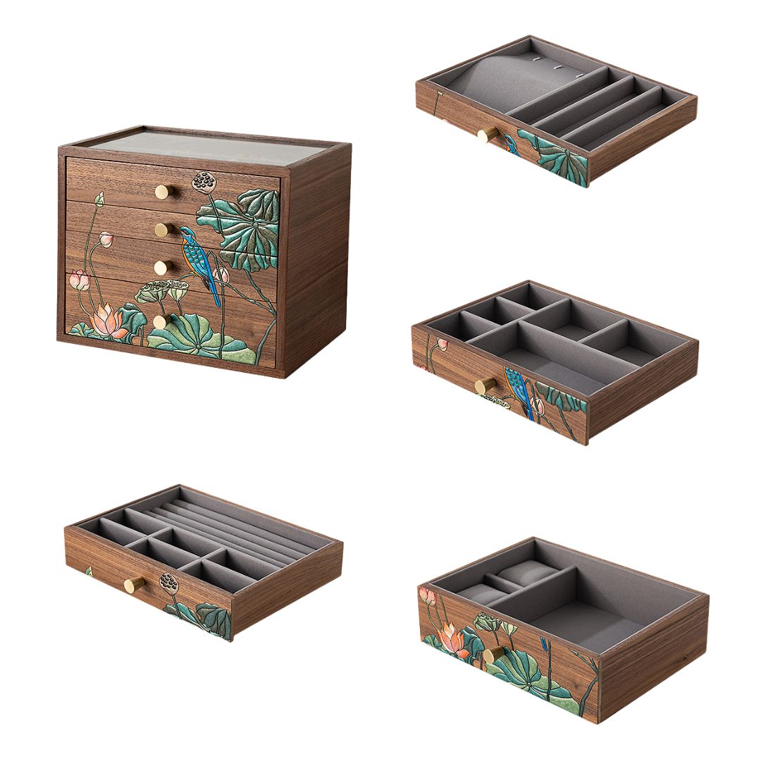 Wooden Jewelry Box with Drawers and Hand Painted Decoration SKU 21163