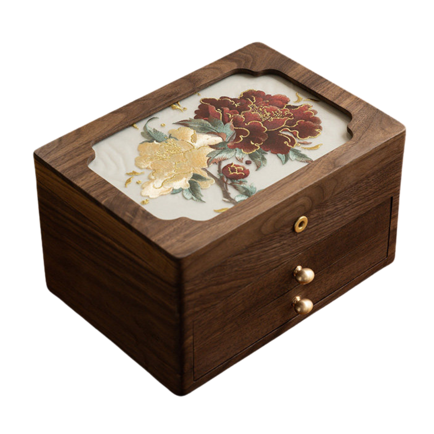 Solid Walnut Jewelry Box with Lock and Hand-Embroidered Design SKU 21197