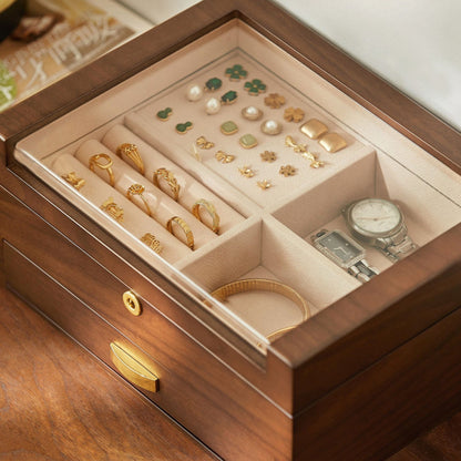 Lockable Wooden Jewelry Box with Clear Lid and Drawer SKU 21187