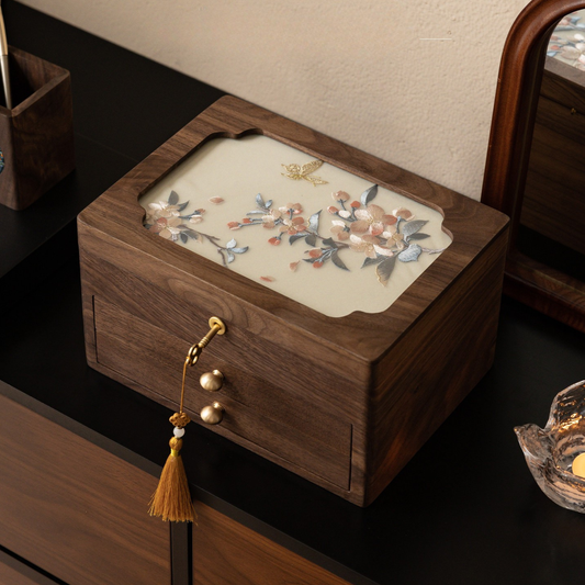 Solid Walnut Jewelry Box with Lock and Hand-Embroidered Design SKU 21197