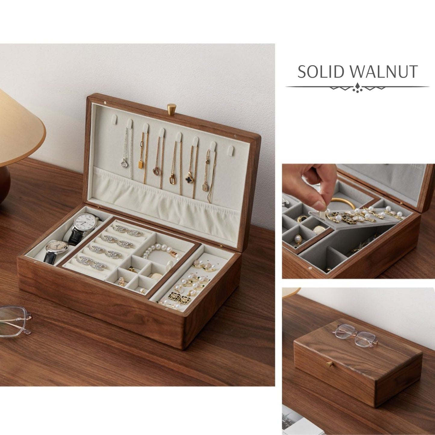 Solid Walnut Wood Jewelry Box with Removable Tray SKU 21063