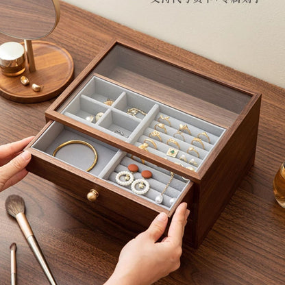 Wooden Jewelry Box with Drawers and Glass Lid SKU 21133