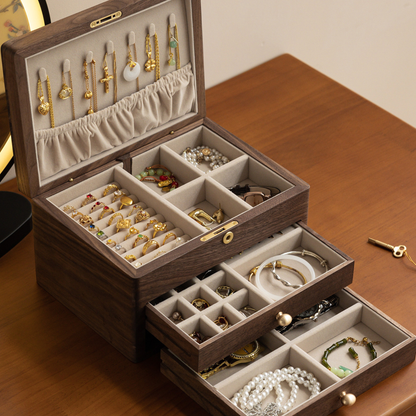 Solid Walnut Jewelry Box with Lock and Hand-Embroidered Design SKU 21197
