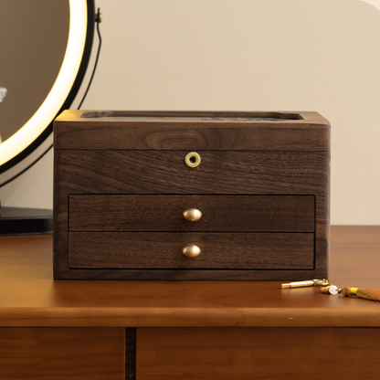 Solid Walnut Jewelry Box with Lock and Hand-Embroidered Design SKU 21197