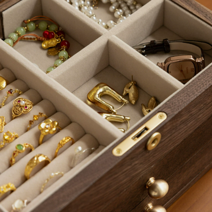 Solid Walnut Jewelry Box with Lock and Hand-Embroidered Design SKU 21197