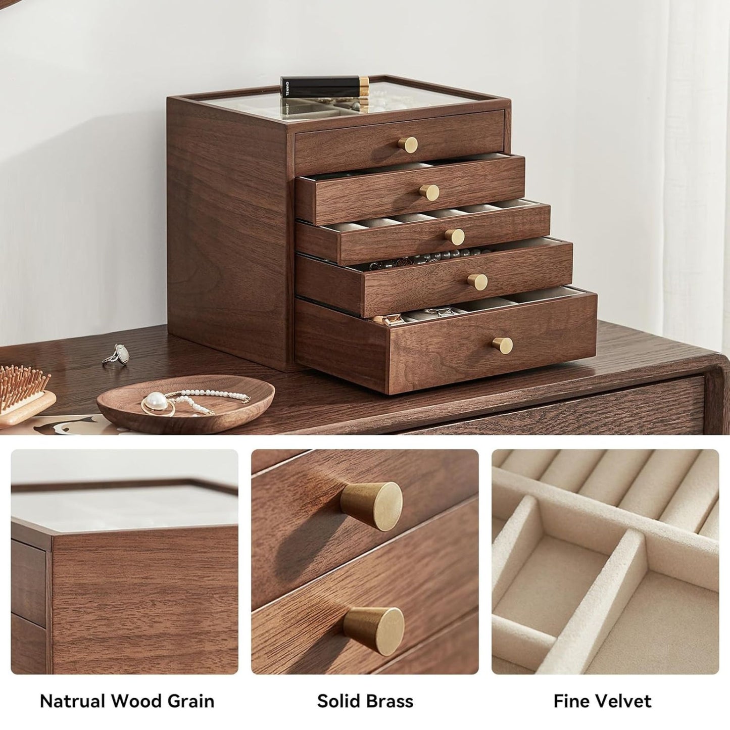 Walnut Veneer Wooden Jewelry Box with Drawers SKU 21129