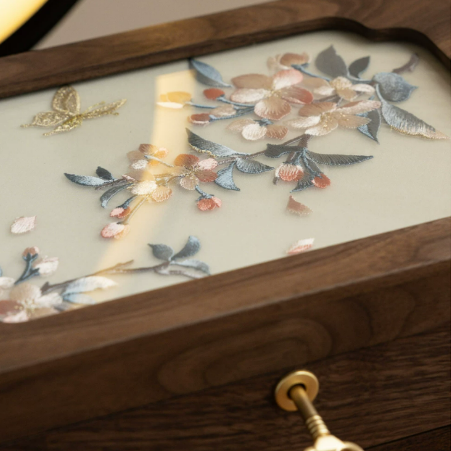 Solid Walnut Jewelry Box with Lock and Hand-Embroidered Design SKU 21197