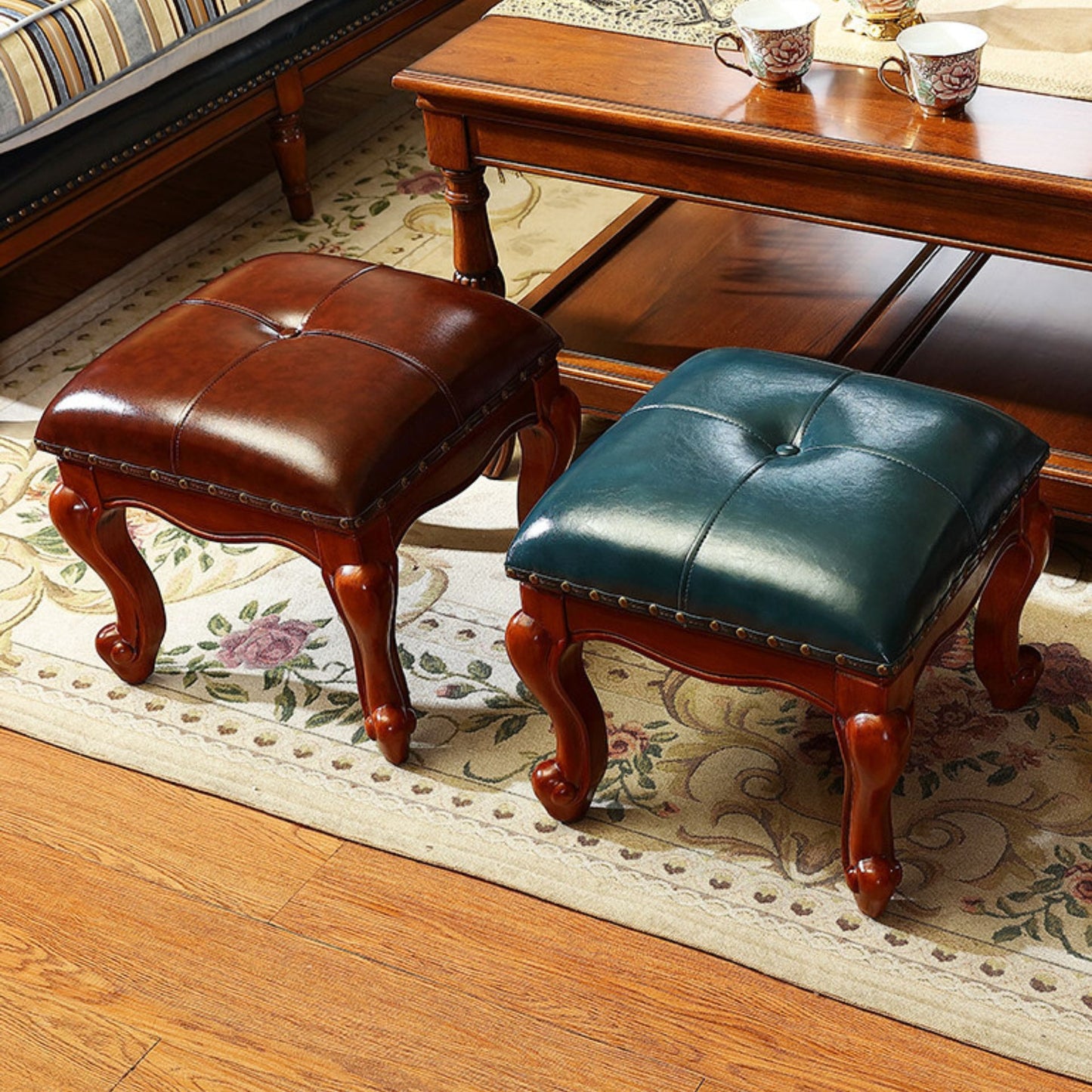 Square Wooden Upholstered Accent Stool Ottoman SKU 52007
