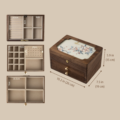 Solid Walnut Jewelry Box with Lock and Hand-Embroidered Design SKU 21197