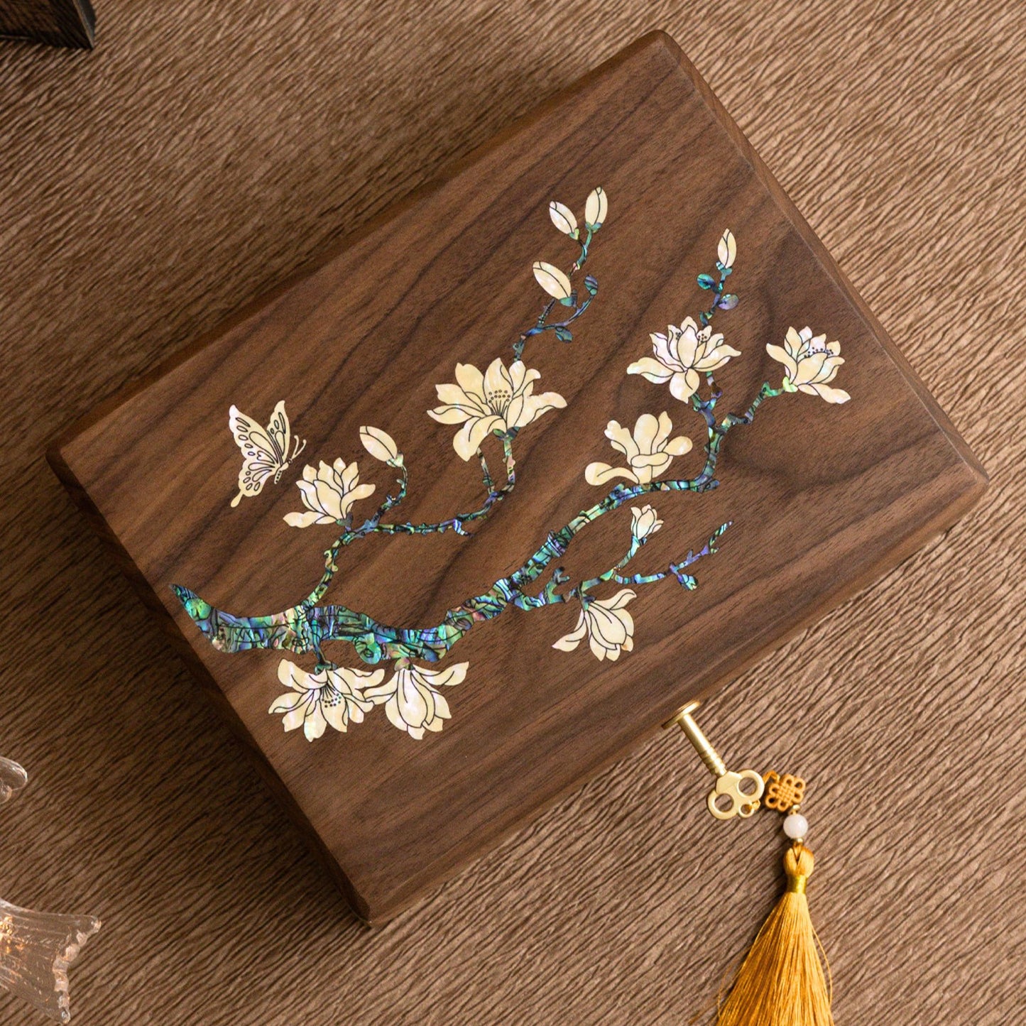 Solid Walnut Jewelry Box with Lock and Mother of Pearl Inlay SKU 21198