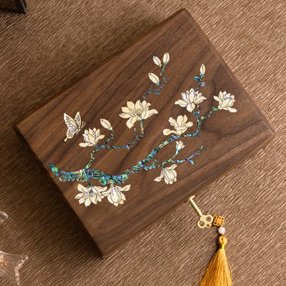 Solid Walnut Jewelry Box with Lock and Mother of Pearl Inlay SKU 21198