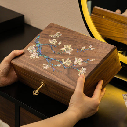 Solid Walnut Jewelry Box with Lock and Mother of Pearl Inlay SKU 21198