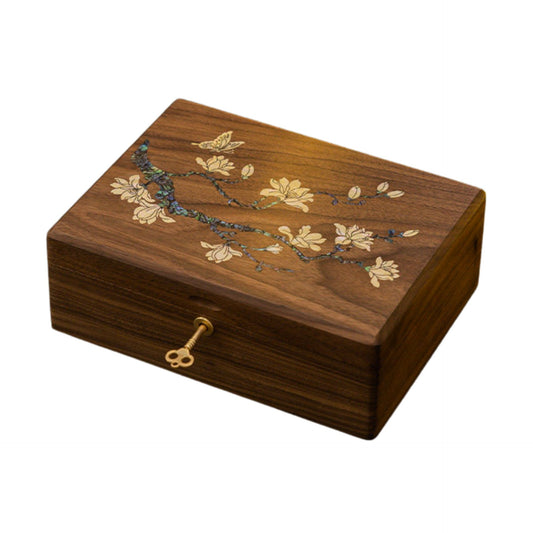Solid Walnut Jewelry Box with Lock and Mother of Pearl Inlay SKU 21198