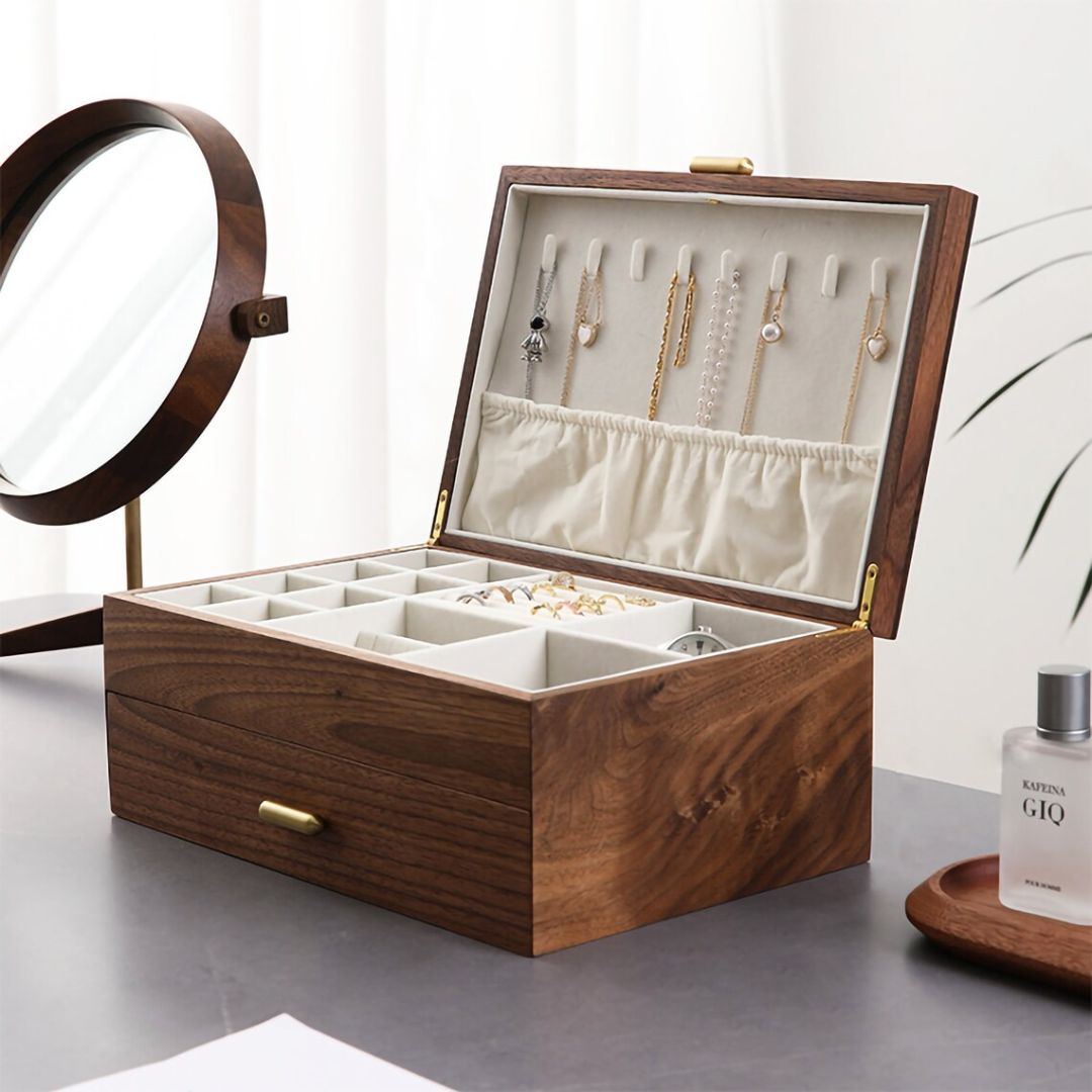 Solid Walnut Wood Jewelry Box Organizer with Necklace Holder SKU 21076 - Double Tier