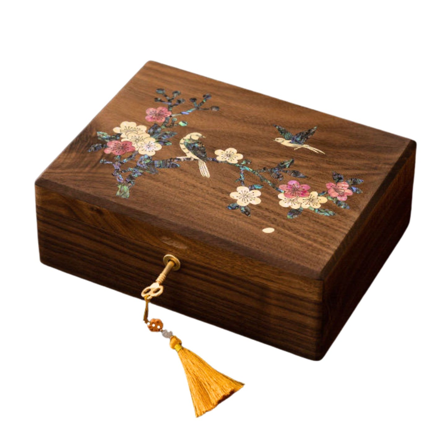 Solid Walnut Jewelry Box with Lock and Mother of Pearl Inlay SKU 21198