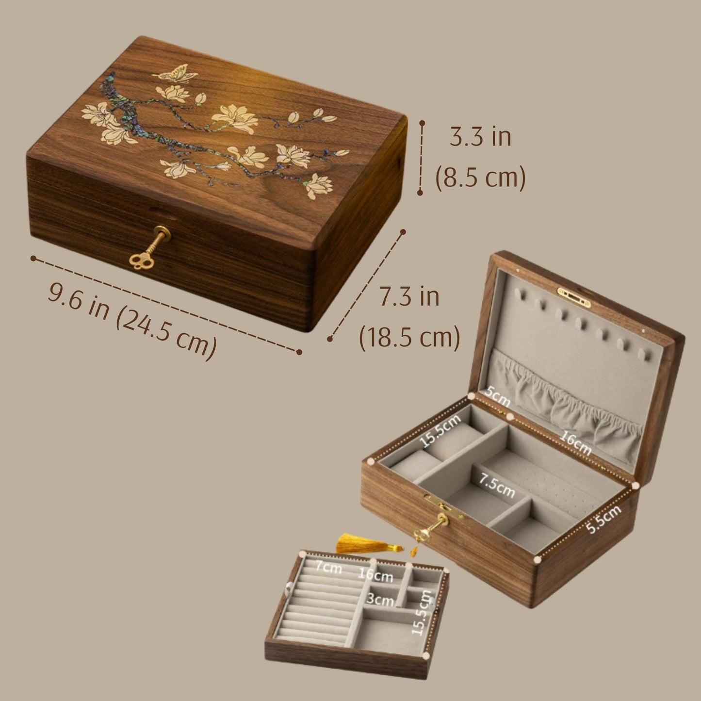 Solid Walnut Jewelry Box with Lock and Mother of Pearl Inlay SKU 21198