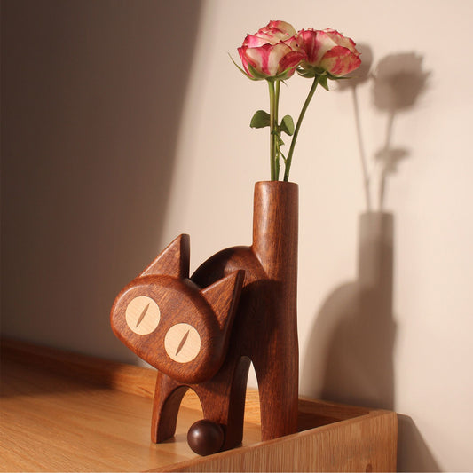 Cat-Shaped Solid Wood Flower Vase SKU 10036