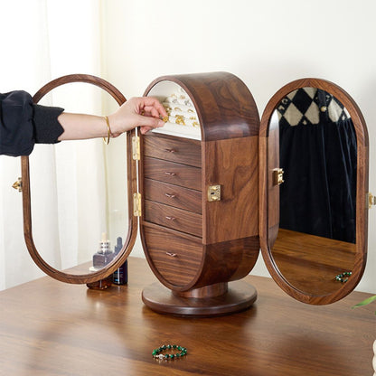 Rotatable Wooden Jewelry Box Organizer with Drawers and Mirror SKU 21165