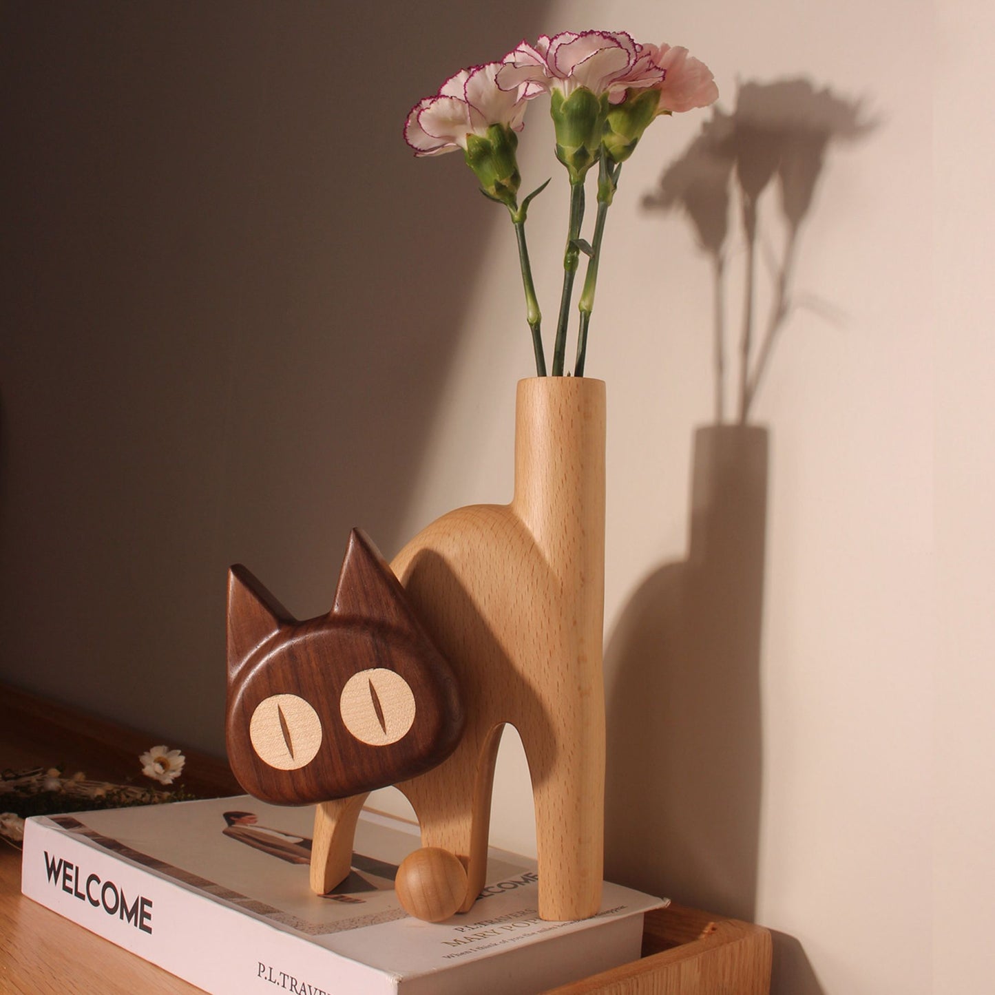 Cat-Shaped Solid Wood Flower Vase SKU 10036