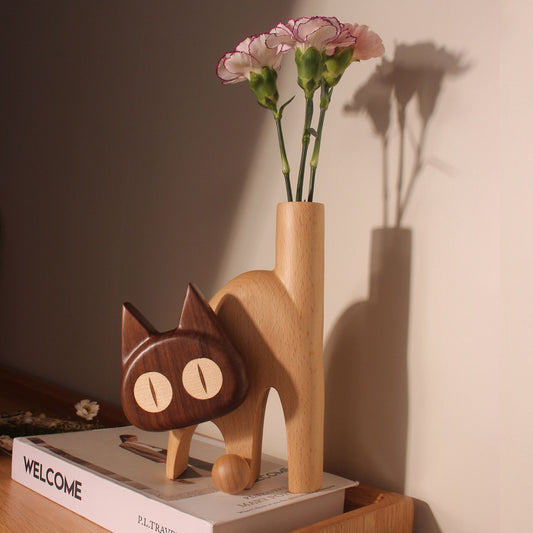 Cat-Shaped Solid Wood Flower Vase SKU 10036