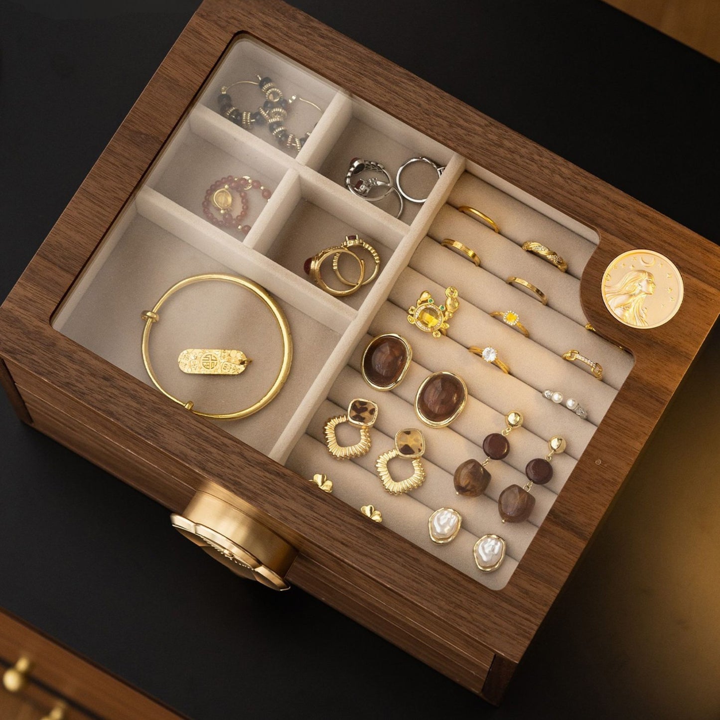 Wooden Jewelry Box with Drawers and Glass Lid SKU 21199