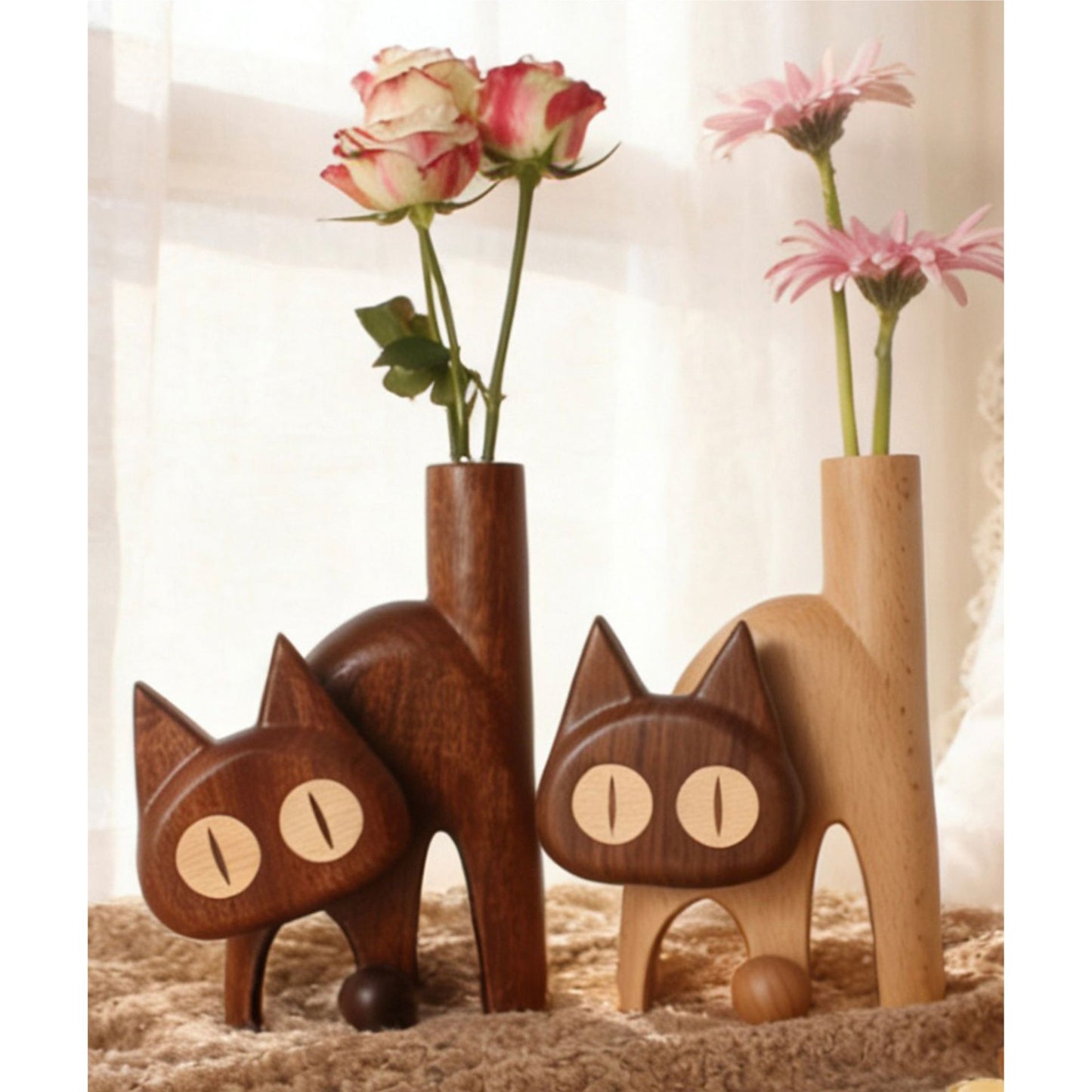 Cat-Shaped Solid Wood Flower Vase SKU 10036