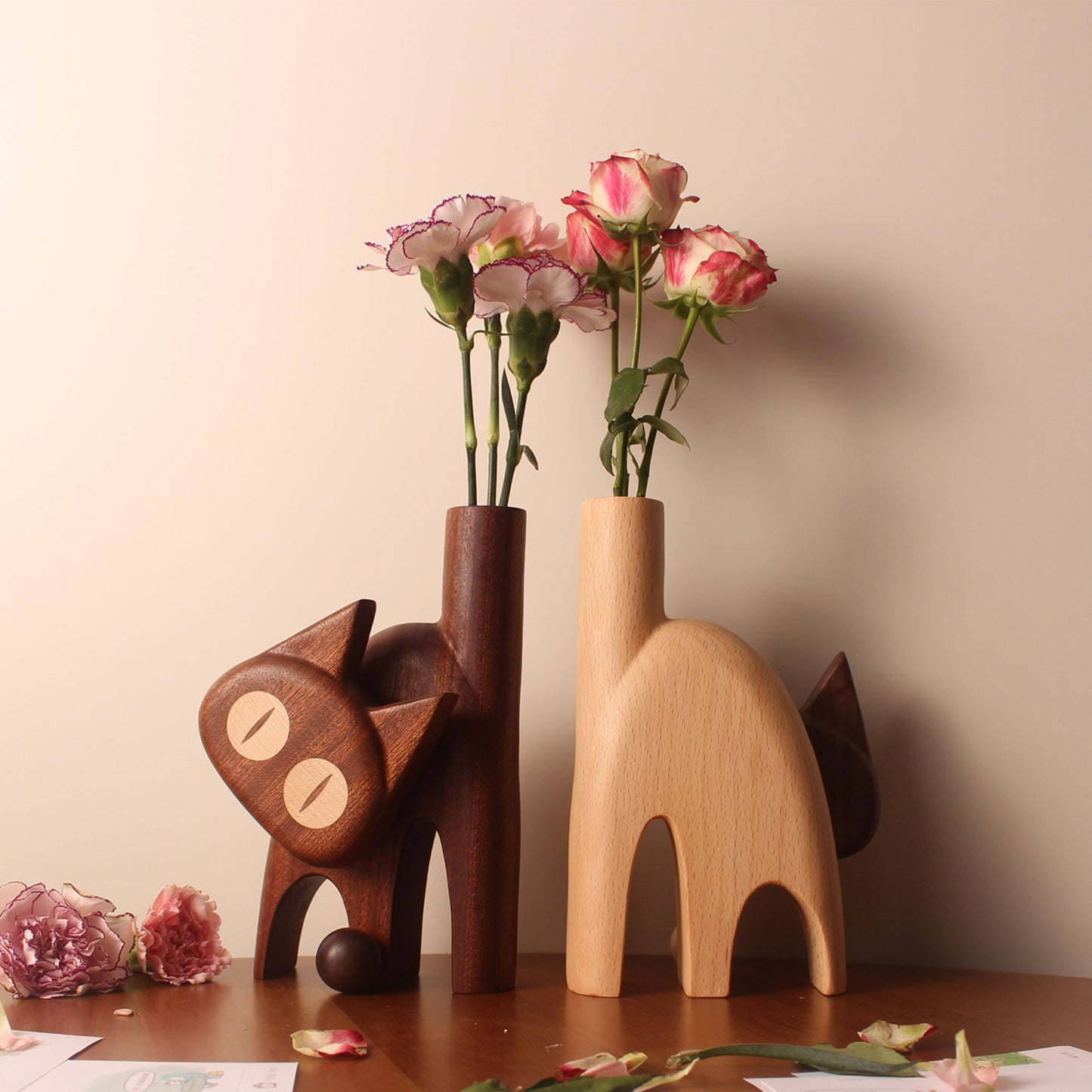 Cat-Shaped Solid Wood Flower Vase SKU 10036