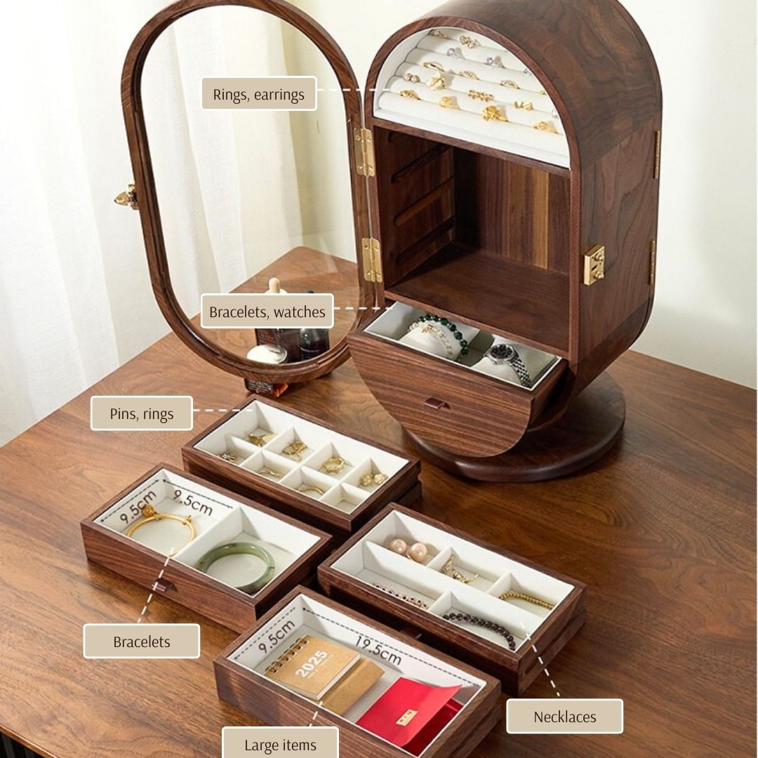 Rotatable Wooden Jewelry Box Organizer with Drawers and Mirror SKU 21165