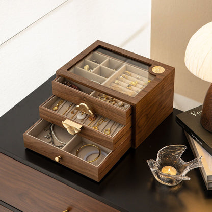 Wooden Jewelry Box with Drawers and Glass Lid SKU 21199