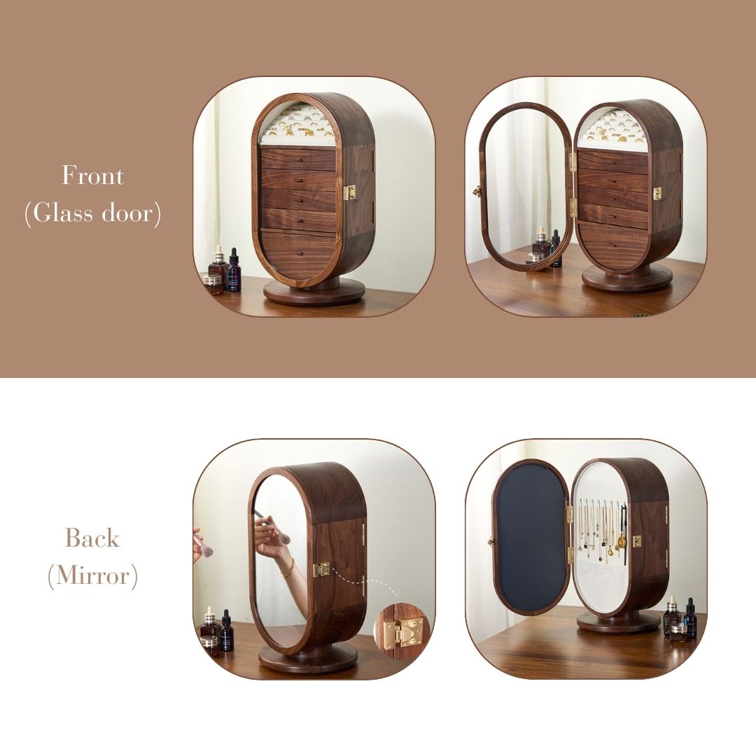 Rotatable Wooden Jewelry Box Organizer with Drawers and Mirror SKU 21165