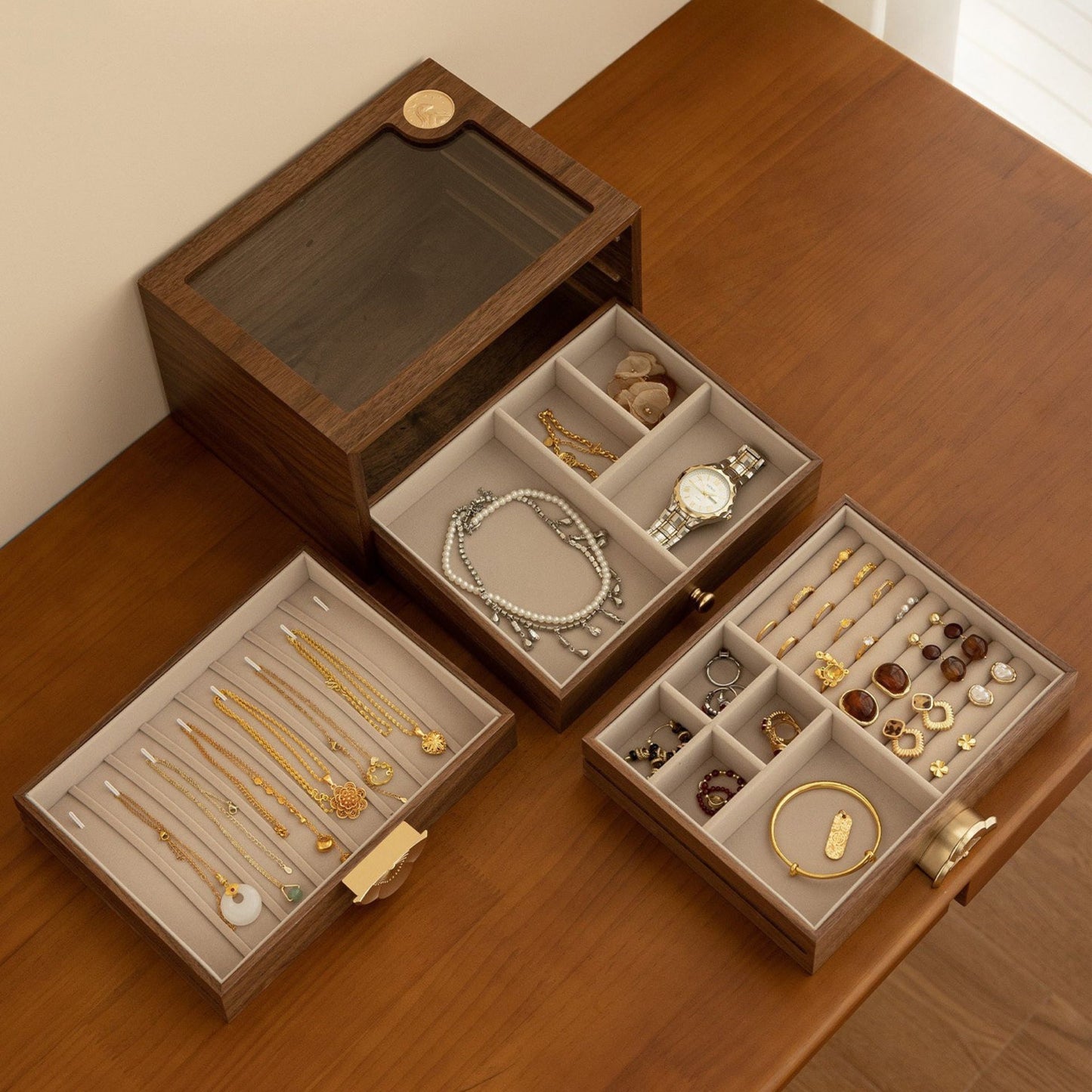 Wooden Jewelry Box with Drawers and Glass Lid SKU 21199