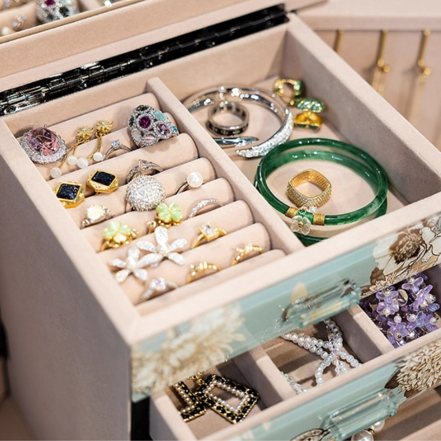 Glass Jewelry Box Organizer with Drawers and Mirror SKU 21168