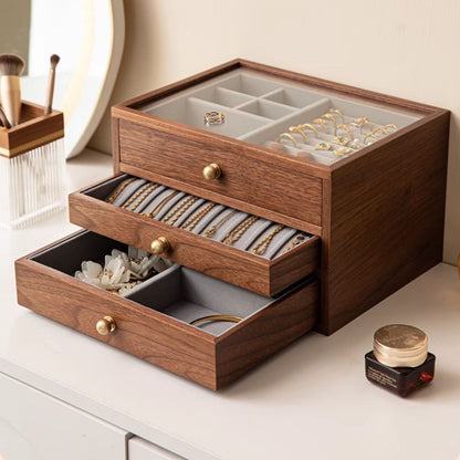 Wooden Jewelry Box with Drawers and Glass Lid SKU 21133