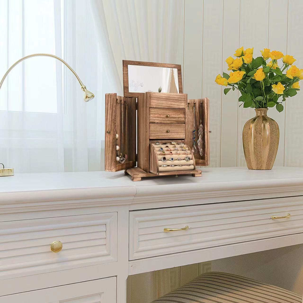 Large Wooden Jewelry Boxes & Organizers For Women With Drawers And Mirror SKU 21055