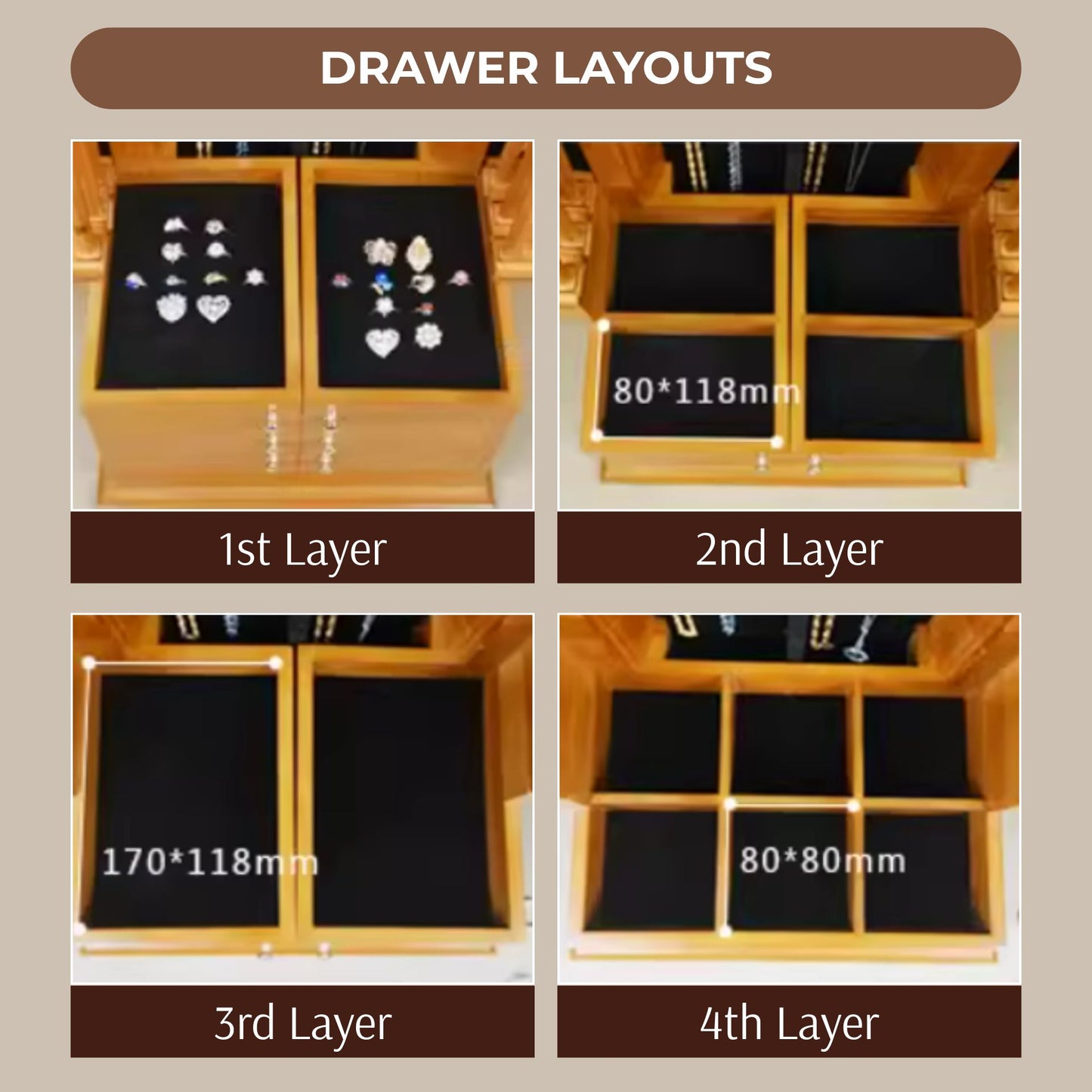 Large Wooden Jewelry Box with Drawers and Earring Racks SKU 21177