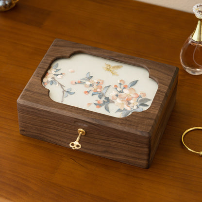 Solid Walnut Jewelry Box with Hand-Embroidered Silk Design SKU 21196