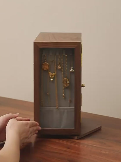 Rotating Wooden Jewelry Box with Drawers and Necklace Hooks SKU 21189