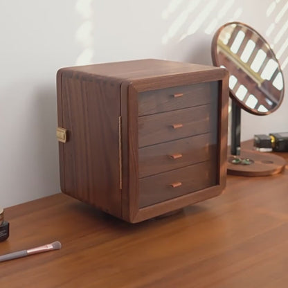 Rotatable Solid Walnut Wood Jewelry Box Organizer SKU 21172