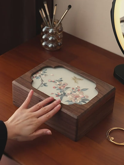 Solid Walnut Jewelry Box with Hand-Embroidered Silk Design SKU 21196